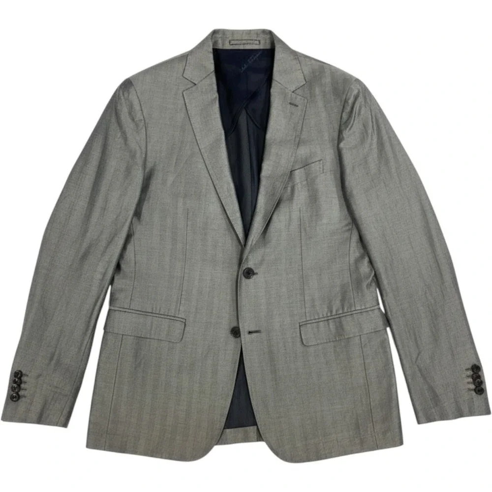 Salvatore Ferragamo Herringbone Linen Silk Blazer Sport Coat Italy 40 (50R) Gray